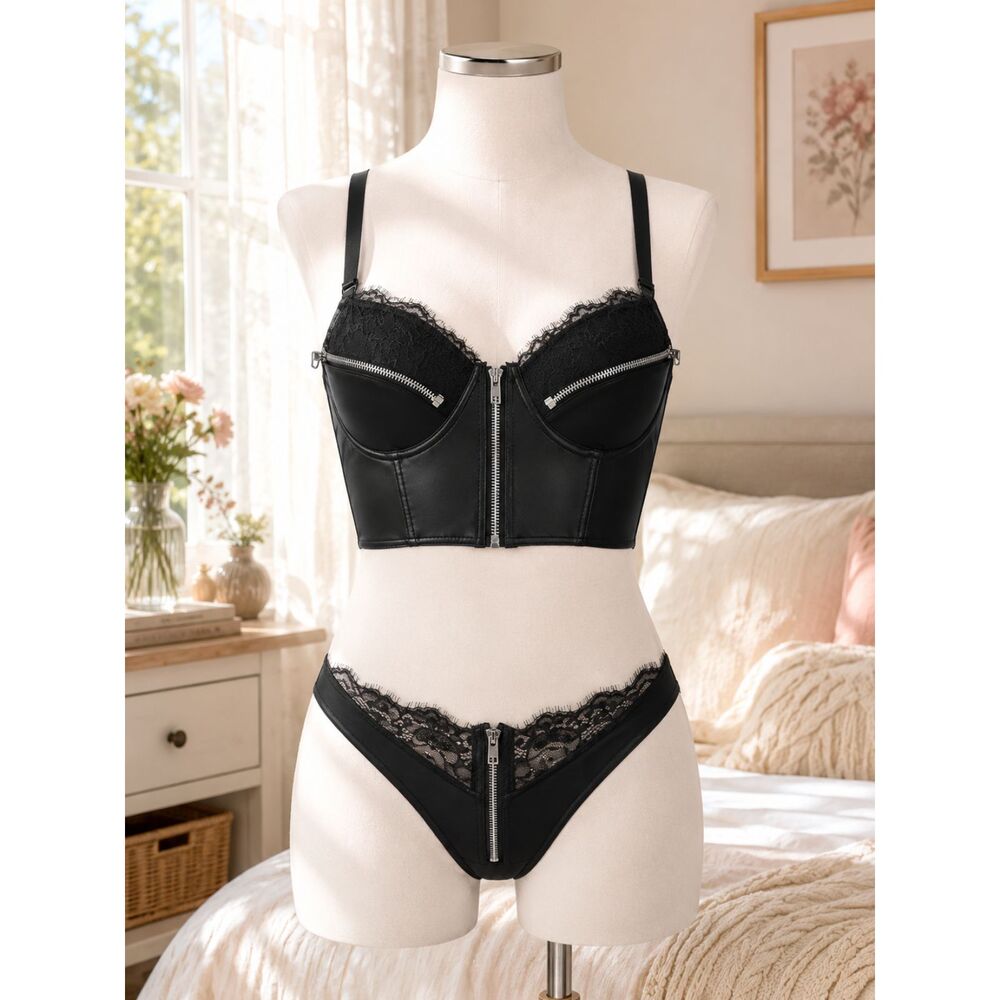 Faux Leather Lace Lingerie Set Sexy Underwire Bra & Panty Set Front Zipper